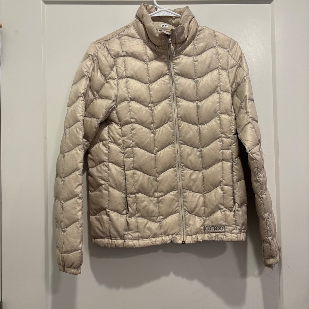 Marmot Women Quasar 800 Fill Down Puffer Jacket Beige Champagne Small 5521